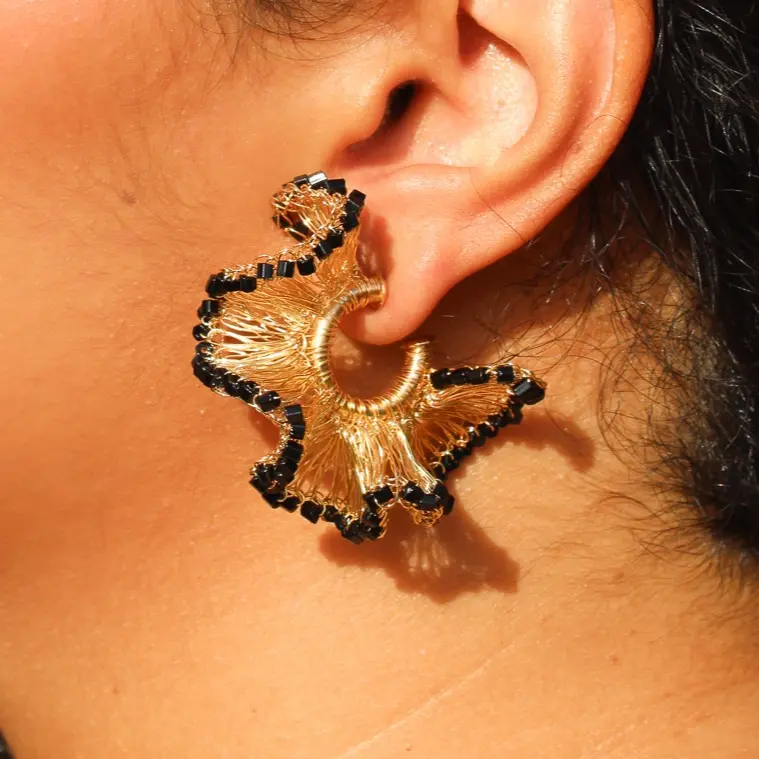 Crochet hoop earrings with black beads - Handmade gold and black earrings