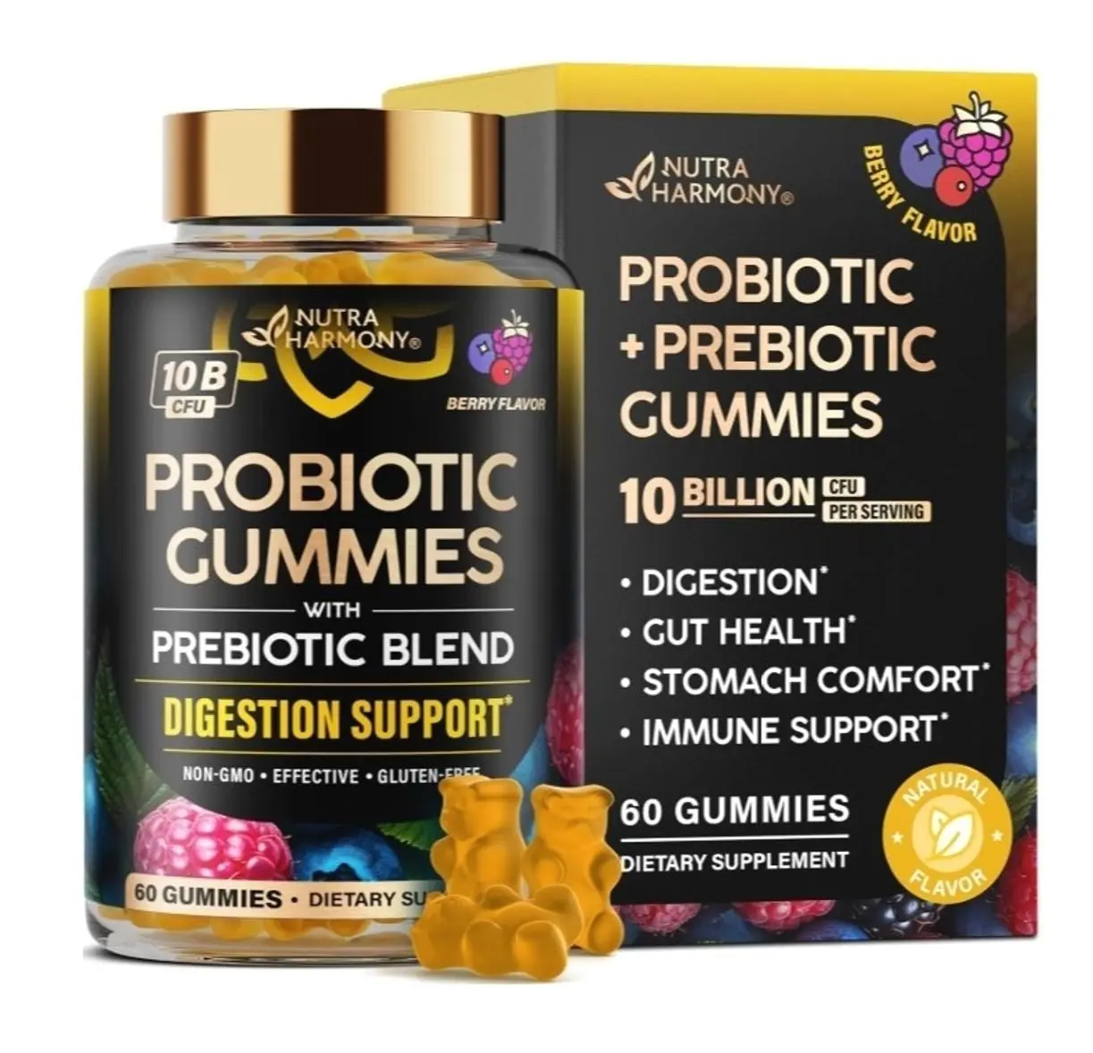 Probiotic Gummies 10B CFU with Prebiotic Fiber - Digestion & Immune Support - Debloat, Stomach & Gut Comfort - Probiotics for Women & Men - Natural Berry Flavor - Vegan & Sugar-free - 60 Gummies