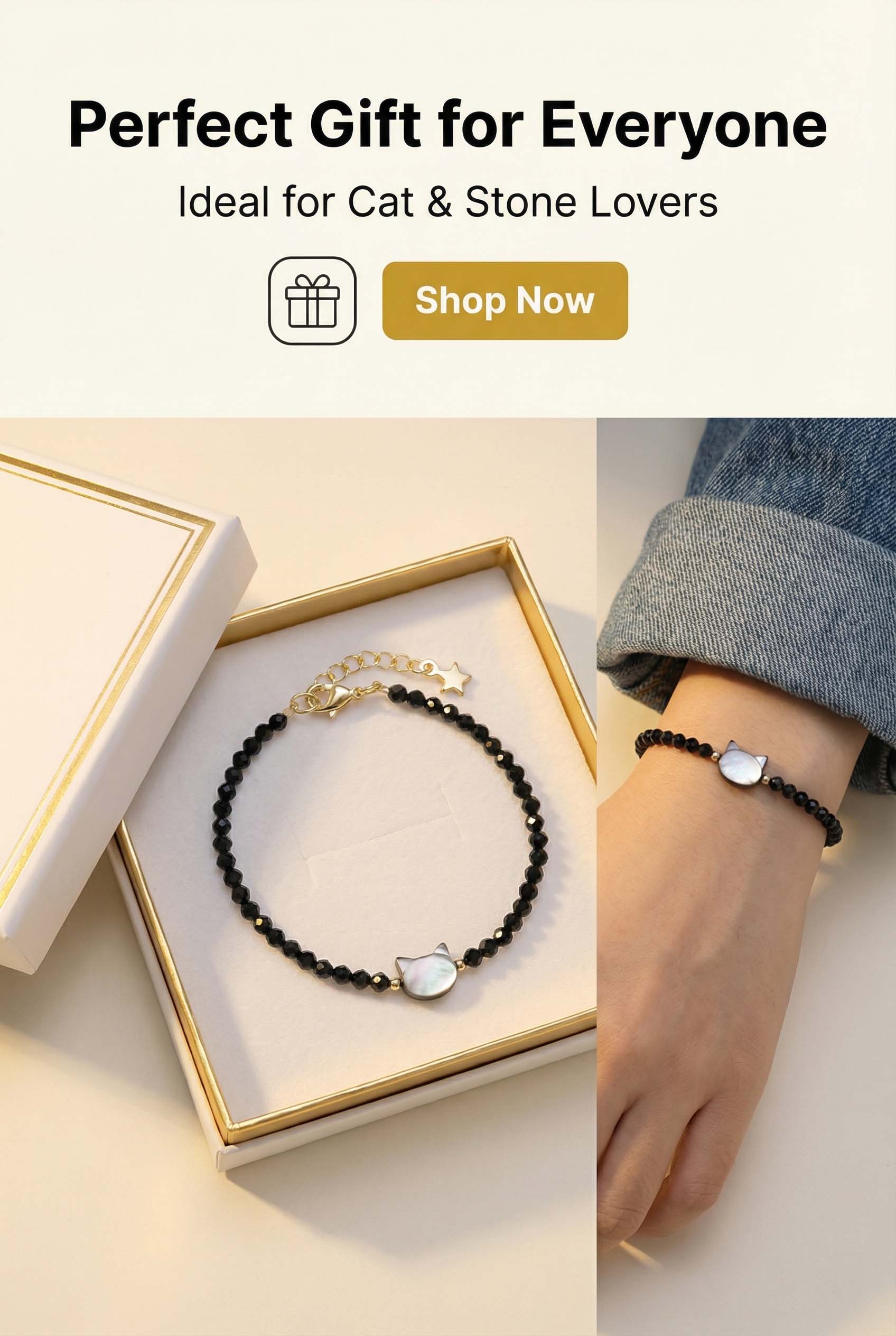 Black Crystal Bracelet with Cat Head Design for Women - Adjustable & Gift-Ready Lucky Fortune Cat