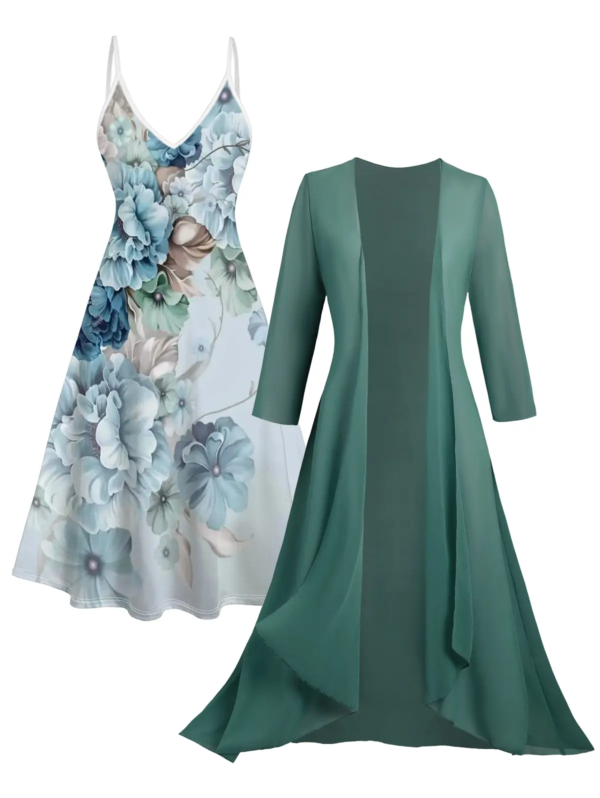 DRESSLILY Women's Dresses Set Sheer Solid Open Front Chiffon Bracelet Sleeve Cardigan and Big Floral Print Cami Dress Suit