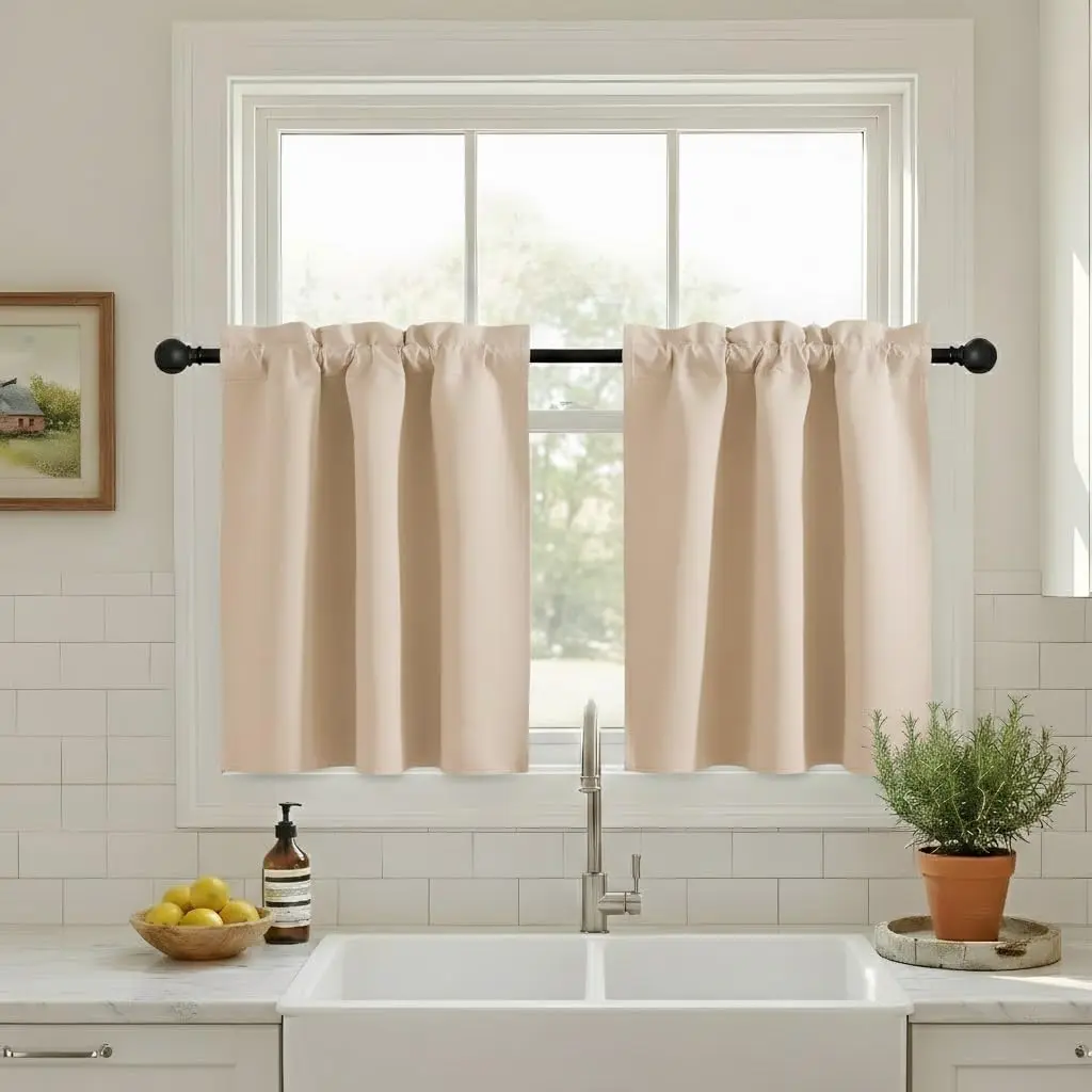 NICETOWN Farmhouse Curtains 30 Inches Long for Kitchen Cabinet Cupboard, Thermal Insulated Rod Pocket Short Small Curtains for Bathroom Laundry RV Camper, 29" W x 30" L, 1 Pair, Biscotti Beige