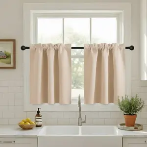 NICETOWN Small Curtains for Kitchen Window - Farmhouse Blackout Privacy Portable Curtain Tiers for Office Bathroom Basement Garage Storage RV Bunk, W34 x L36 inch, Biscotti Beige, 1 Pair