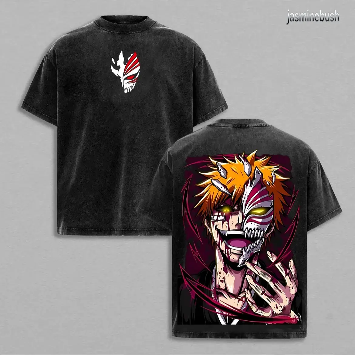 Vintage Ichigo Kurosaki Hollow Form Bleach Oversized Graphic Tee Heavyweight Acid Wash Cotton Double Printed T-Shirt Y2K Streetwear Vasto Lorde Gym Pump Cover Japanese Anime Manga Aesthetic Grunge Shinigami Outfits Merch Fan Gift Top Unisex