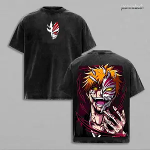 Vintage Ichigo Kurosaki Hollow Form Bleach Oversized Graphic Tee Heavyweight Acid Wash Cotton Double Printed T-Shirt Y2K Streetwear Vasto Lorde Gym Pump Cover Japanese Anime Manga Aesthetic Grunge Shinigami Outfits Merch Fan Gift Top Unisex