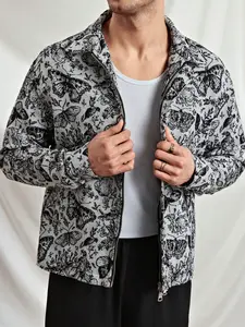 Zip jackets - Men Jacquard Butterfly Floral Zip-Up Long Sleeve Jacket – Stylish Outerwear for Fall & Winter men clothing dad gifts heated jacket fall outfits fall outfit fall outfits men vacation outfits y2k clothing going out outfit Menswear Coats Tops