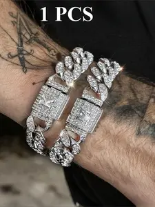 One Piece of a Stylish Initial Buckle Bracelet Featuring a Solid Iced-Out Cuban Link Design, Suitable for Both Men And Women, Perfect As Christmas Gifts for Men