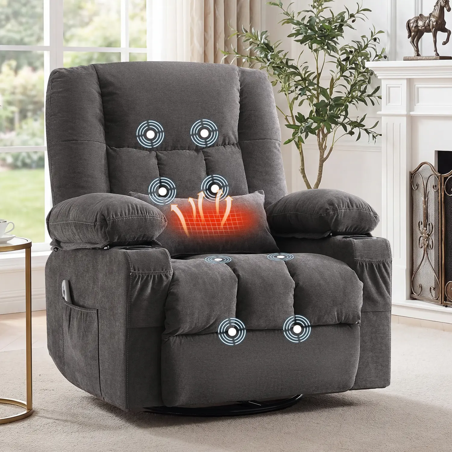Jonpony Swivel Recliner Chair for Adults with Vibration Massage and Lumbar Heat , Oversized Ergonomic Rocking Chair for Living Room and Bedroom, Featuring Side Pocket, 2 Cup Holders & USB Charge Port