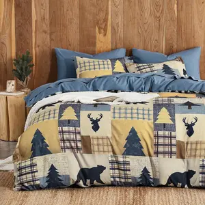 - Rustic Duvet Cover Set, Cab Western Christmas Holiday Country Theme with Bear  Lodge Patchwork, Soft Lightweight Beddg, 3-, Navy Tan, Kg Size