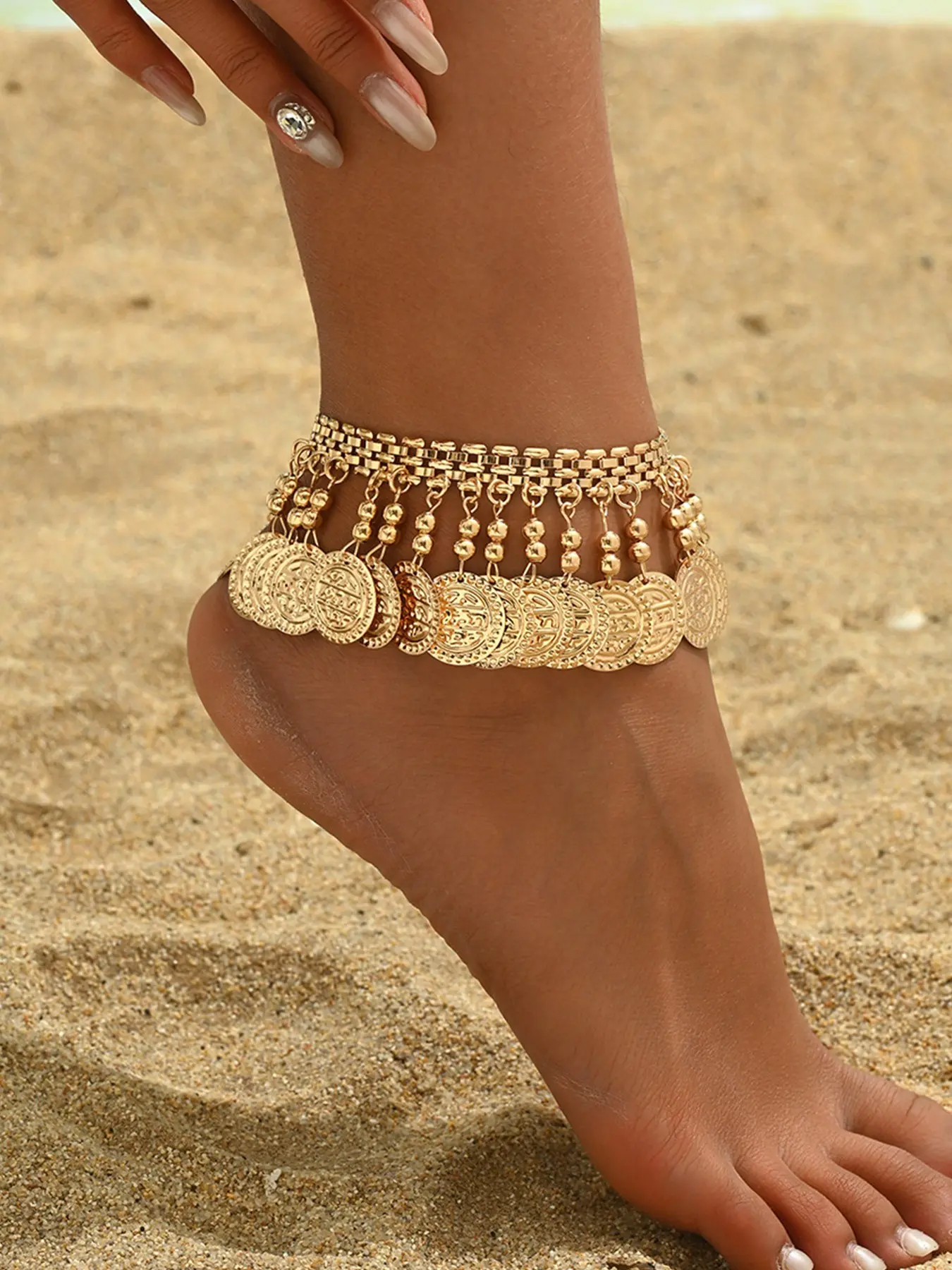 1pc Vintage Appeal Metal Style Alloy Material Coin Bead Fringe Anklet Foot Jewelry, Perfect for Daily Vacation, All Seasons, Retro Fashion Accessory, Trendy Jewelry, Unisex Jewelry, Fashionable Jewelry Accessories, Jewellery