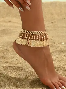 1pc Vintage Metal Style Alloy Coin Bead Fringe Anklet, Perfect for Daily Vacation, All Seasons, Retro Fashion Accessory, Unisex Jewelry