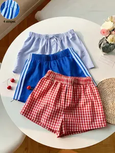 3-Pack Summer Shorts, Drawstring Waist Shorts, Loose-Fit Striped & Plaid Casual Pants, Outdoor Wear, Daily Sports, Vacation, Streetwear, Campus Fashion