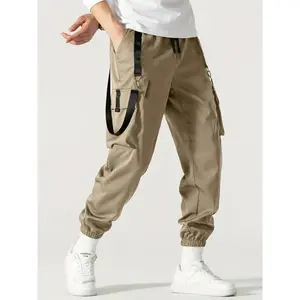 [Plus Size Durable Cargo Pants] Men's Plus Size Cargo Pants - Durable Polyester, Solid Color with Drawstring & Multi-Pocket Design for All Seasons, PLUS SIZE