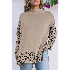 Khaki Leopard High Neck Side Slit Oversized Sweater