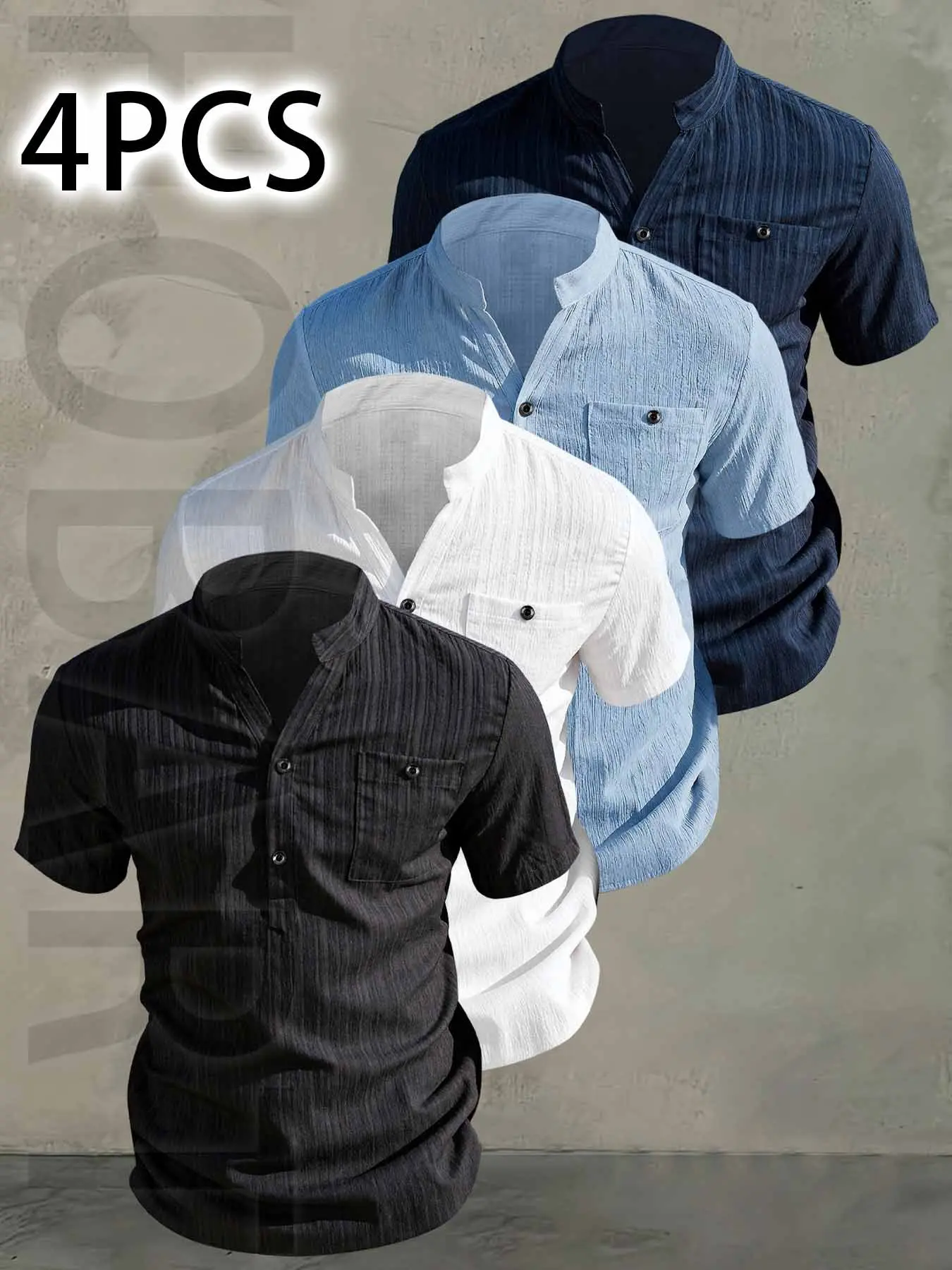 4Pcs Men's Summer V-Neck Short Sleeve Shirt - Lightweight Breathable Plain Button-Up, Button Front Shirt Casual Shirt with Stand Collar, with pockets, Machine Washable for Tropical Beach Vacation, Pool Party & Casual Attire