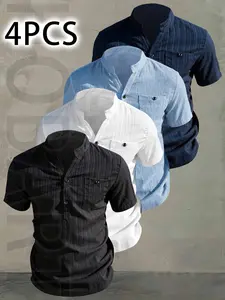4Pcs Men's Summer V-Neck Short Sleeve Shirt - Lightweight Breathable Plain Button-Up, Button Front Shirt Casual Shirt with Stand Collar, with pockets, Machine Washable for Tropical Beach Vacation, Pool Party & Casual Attire