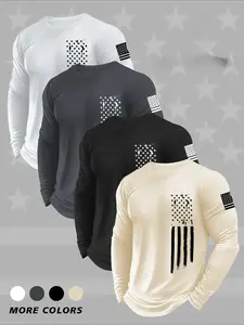 Men's Round Neck Long Sleeve T-Shirt Set, Casual Knit Polyester Top, Slight Stretch, Basic Style, Flag Print, All Seasons Wear, Knitwear