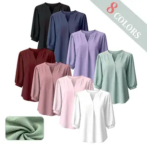 Women's V Neck T Shirts 3/4 Sleeve Dressy Blouses Loose Fit Breathable Pleated Tunic Tops