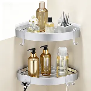 Rust-Proof Aluminum Shower Caddy 2 Pack, No Drilling Adhesive Bathroom Organizer with Hooks, Corner Shower Shelf for Inside Shower, Silver Finish, Space-Saving Shower Storage Solution
