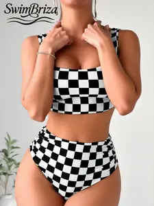 Briza｜ Women's Checkerboard Print High Waisted Bikini Set Scoop Neck Tank Two Piece Swimsuit Tummy Control Bathing Suit