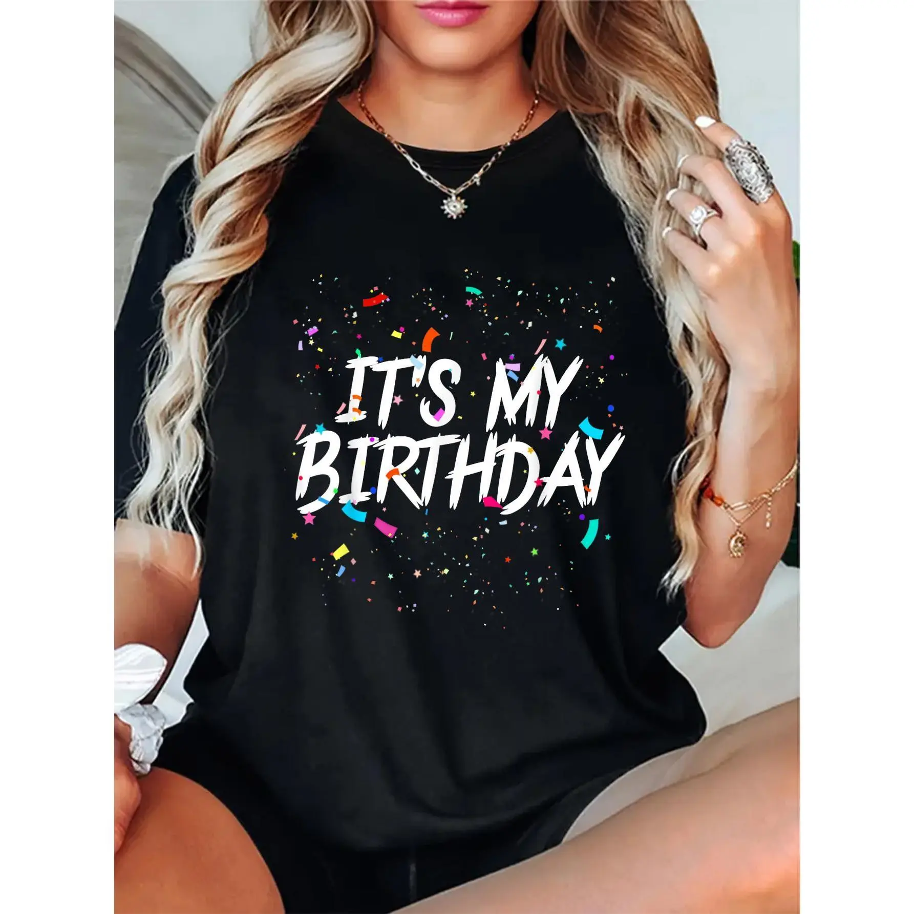 Women's Casual Crewneck Short-Sleeve Round Neck T-Shirt, 100% Cotton 'IT'S MY BIRTHDAY' Graphic Tee with Confetti Design, Shortsleeve, Top, Tshirt, Tops, Fitted, Birthday Theme