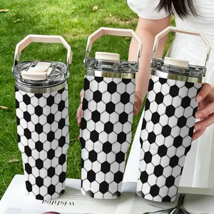 30oz Stainless Steel Handheld Water Bottle, Football Print Design, Dual-Layer Vacuum Insulated Cold & Warm, Portable Travel Cup Gift