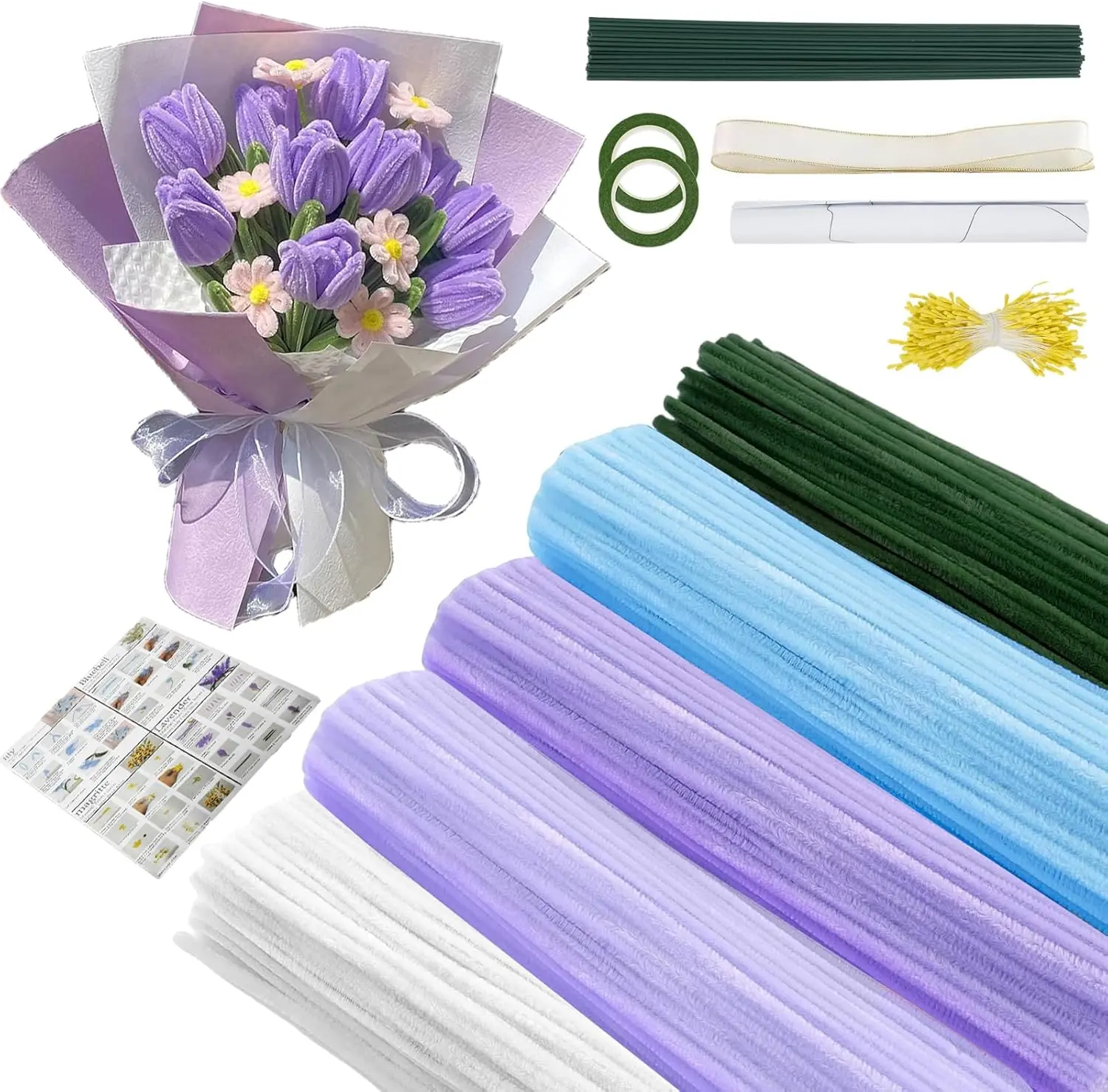 500 Pcs Fade-Resistant Pastel Chenille Stems Craft Kit - 0.24"/6mm Thickness, 5-Color Pink Fuzzy Pipe Cleaners, 20pcs Flower Stems, 12"/30cm Length, Floral Tape, 1 Set of Wrapping Paper, Purple Flower for DIY Art, Home Decor, 1 Roll Of Ribbon, Adults