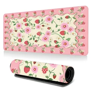 Cute Strawberry & Flower Border Large-Sized Gaming Mouse Pad, 3mm Thickened Sweet Fruit Desktop Protection Pad, Anti-Slip Rubber Lock Edge High-Definition Printing, Suitable For Computers, Laptops, Offices, Homes, Schools, Great Gift For Family And Friend