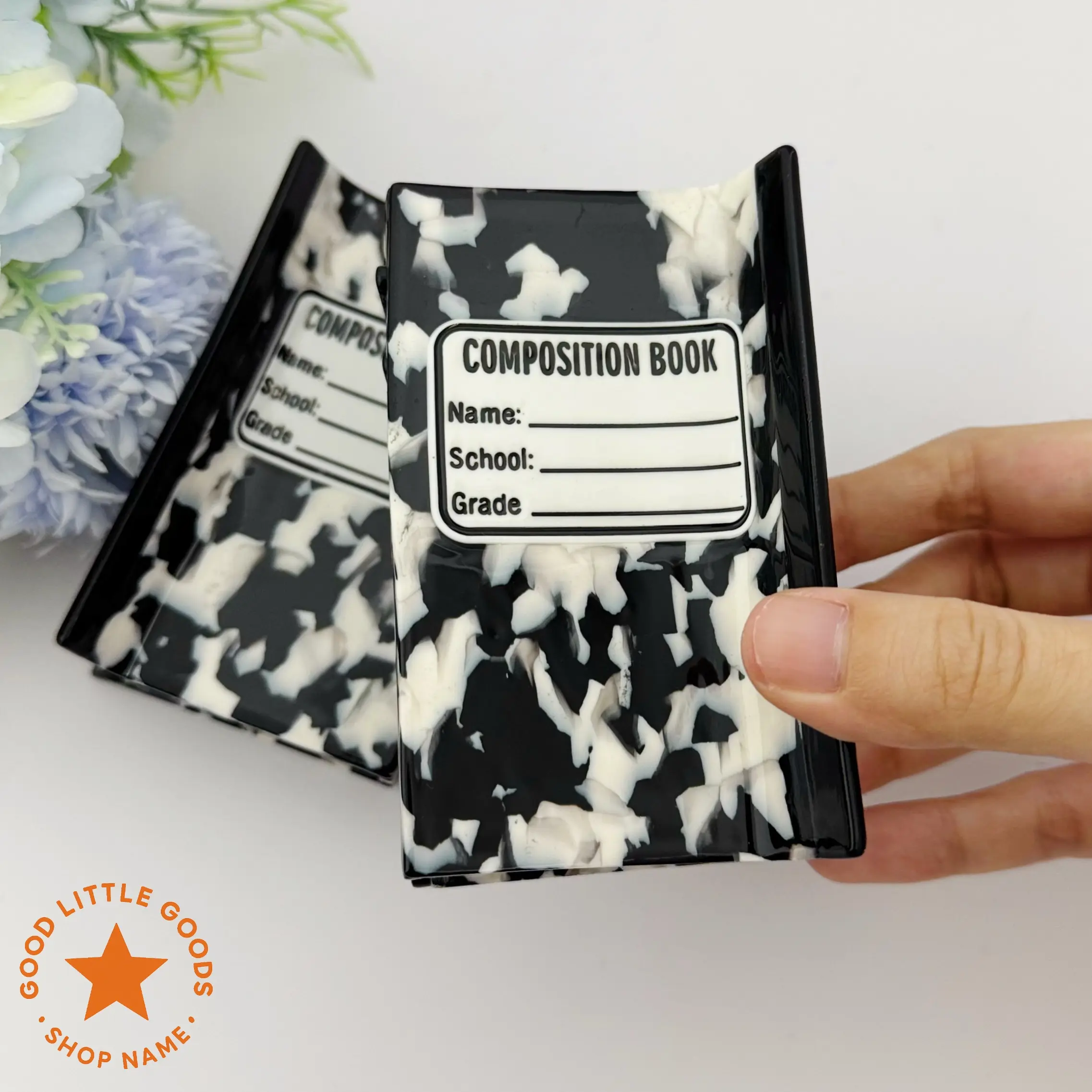 GoodLittleGoods Composition Book Hair Claw Clip, Double-Sided Durable Plastic, Black & White Retro Notebook Design, Back-to-School Hair Accessory, Cute Gift for Women, Girls, GF, BFF, Teachers, Students, Daughters