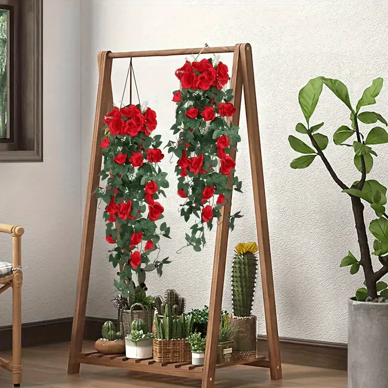 Artificial Flowers 2-Piece Red Rose Hanging Vines Set - Vibrant Faux Flowers, Lifelike Look, Ample Coverage for Home, Wedding Decor (Home Supplies, Decorative Garlands), Two Piece Set