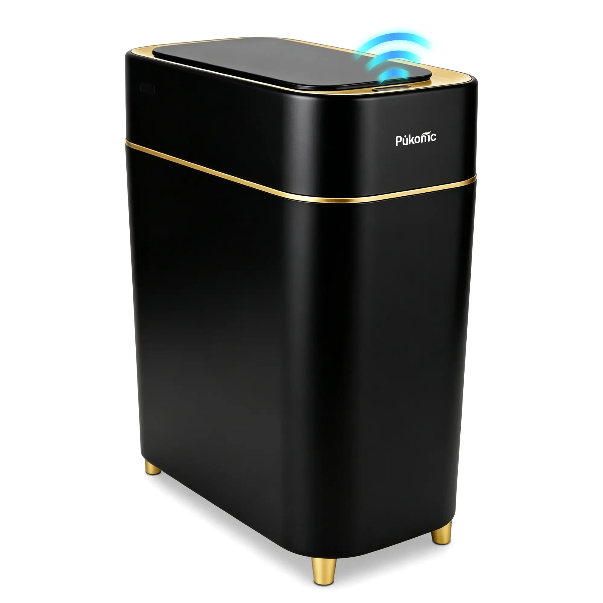 Pukomc Auto-Sensor Trash Bin - Wave & Knee Induction Quick Voiceless Open Removable Liner Battery-Powered Motion Sensor Touchless Waterproof Durable Multipurpose Reusable Automatic Plastic Black Gold summerwins