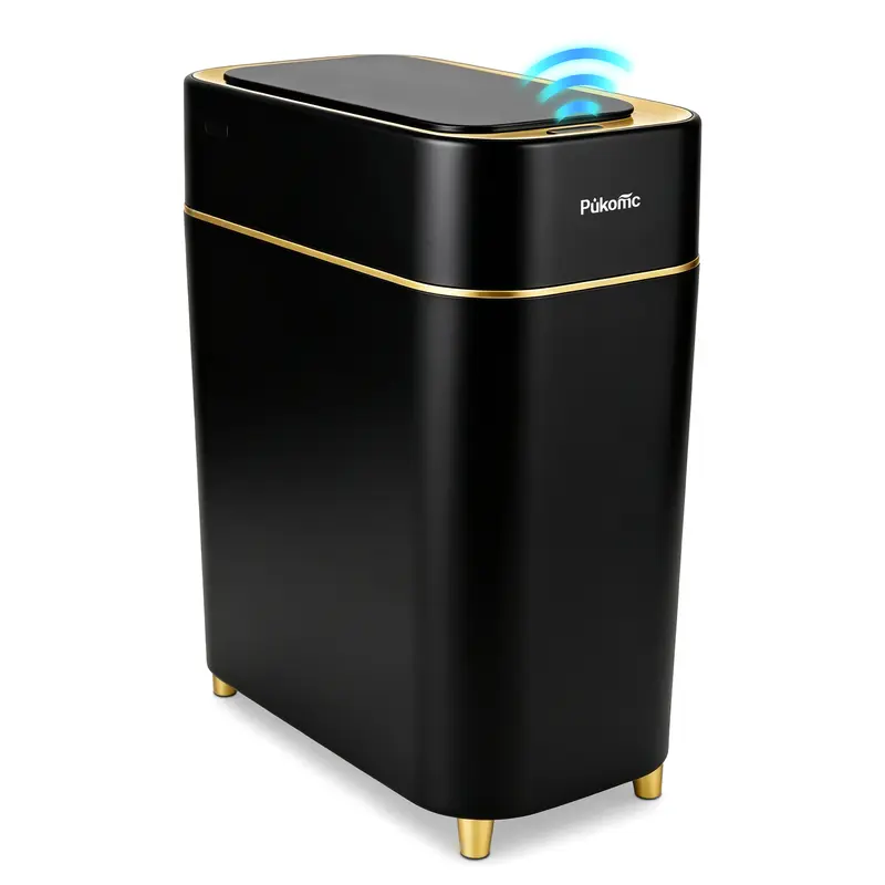 Pukomc Auto-Sensor Trash Bin - Wave & Knee Induction Quick Voiceless Open Removable Liner Battery-Powered Motion Sensor Touchless Waterproof Durable Multipurpose Reusable Automatic Plastic Black Gold summerwins,dorm essentials,home essentials homeessentia