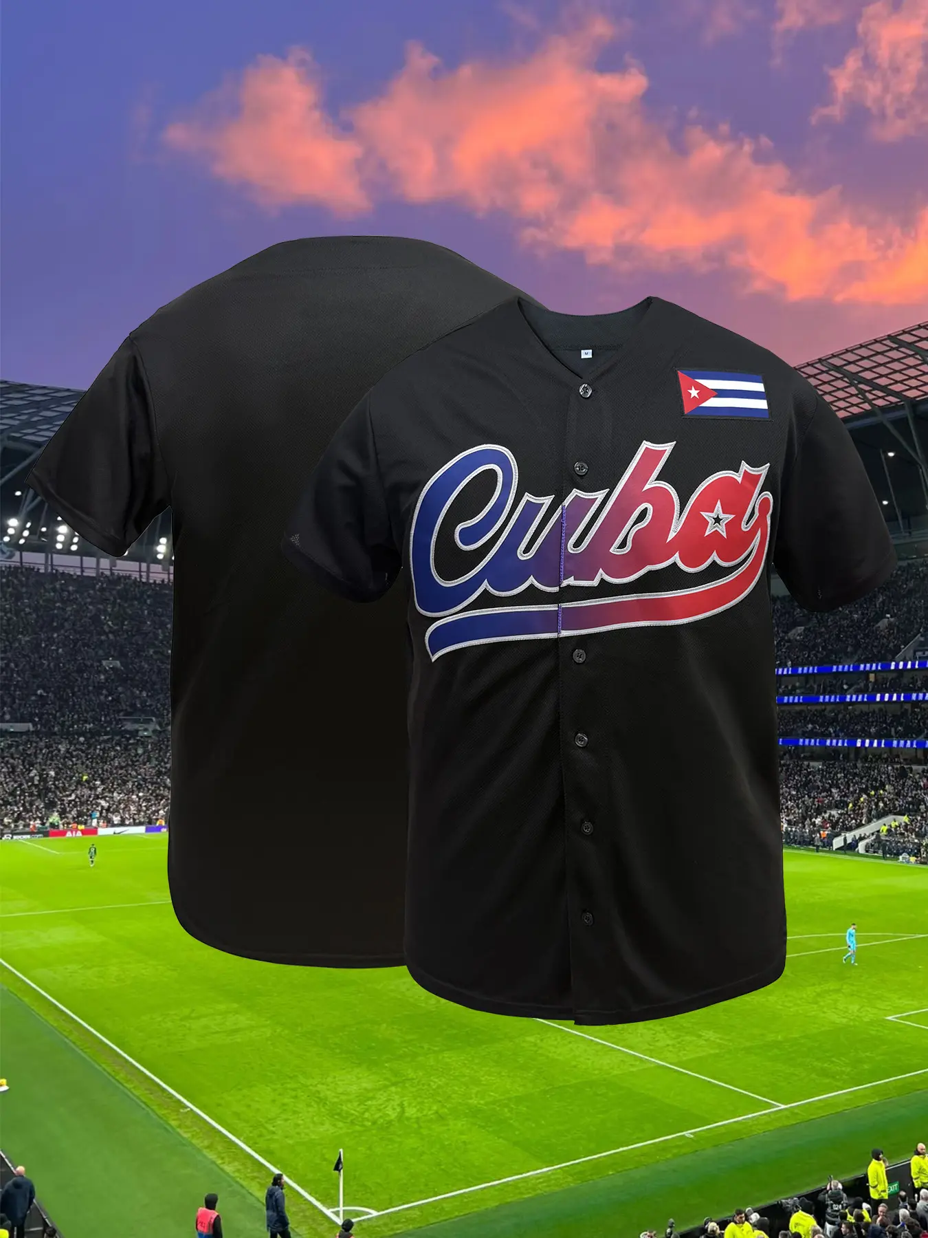 Men' Cuba Stitched Oversized Baseball Jersey, Sporty Jersey, Trendy Letter Embroidery Baseball Shirt V Neck Short Sleeve Casual Sports Top, Athletic Tops, Loose Fit Unisex Breathable Sportswear, All Season Wear