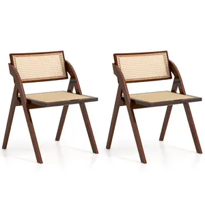 COSTWAY - Foldable Dining Chairs Set of 2 with Woven Rattan Backrest-Brown