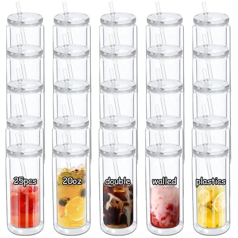 HILAKE 25-Piece Reusable Double-Layer Transparent Tumbler Gift Set, 20oz Portable Plastic Snow Globe Cups with Lid & Straw, for Coffee Juice, Birthday Gifts for Family
