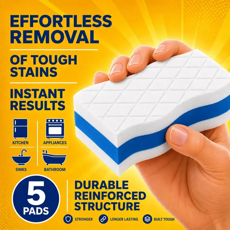 5PCS Melamine Magic Eraser Sponge Pack - Extra Durable Dual Sided Square Scrubbing Pad, All-Purpose Sponges Scrubbers for Wall, Kitchen Household Cleaning, Home Care Supplies Scouring Pad, Scrubber Sponge,dorm essentials,home essentials