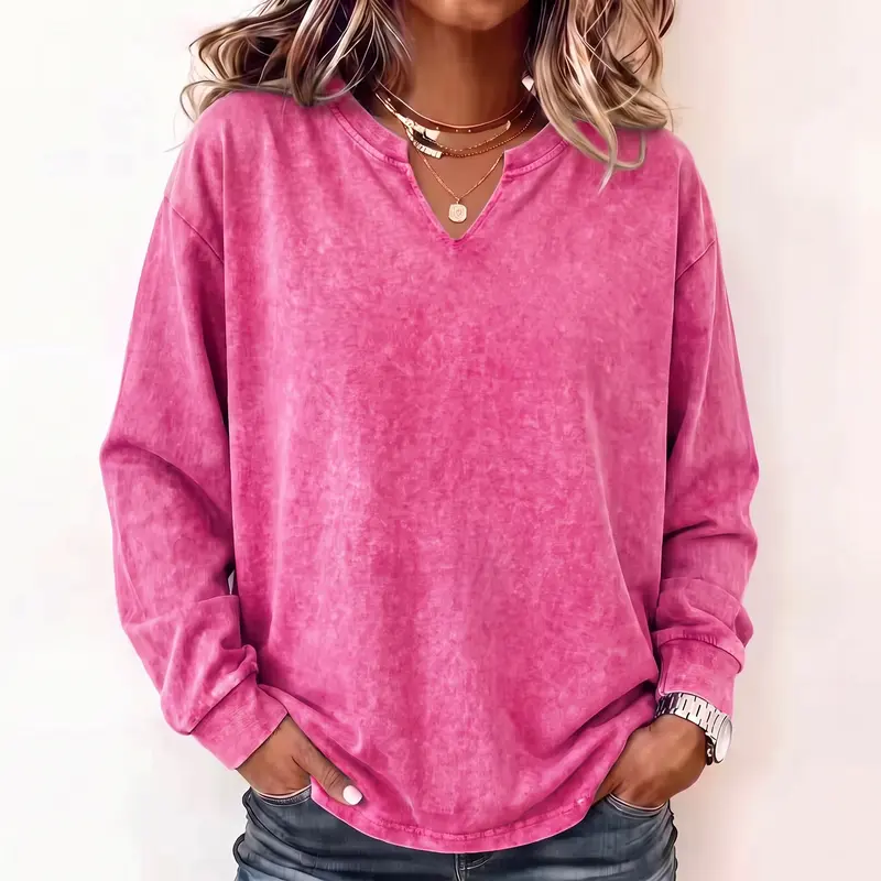 Women’s pure cotton vintage washed sweatshirt with a small V-neck and split detailing, soft long sleeves, loose casual pullover top—an everyday streetwear basic for women. Piece Womenswear