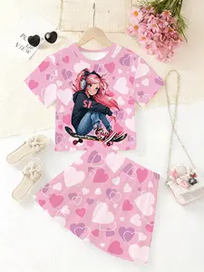 Girls' 3D Cartoon Print Skateboard Pattern Set, Casual Slim-Fitting T-Shirt and Skirt, Summer Daily Wear, Round Neck Short Sleeve