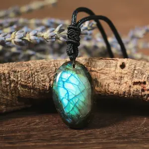 Natural Blue Labradorite Oval Shape Stone Braided Pendant Healing Reiki Protection Amulet Necklace For Men Women