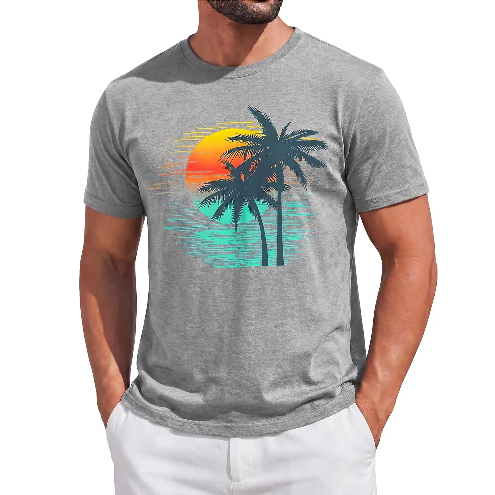 Runcati Mens Crewneck Graphic Tee Vintage Palm Tree Printed Hawaiian Summer Beach Casual Short Sleeve Shirts