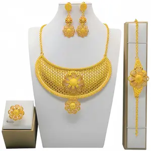 Dubai Style 24K Gold Plated Jewelry Set, African Women Wedding Party Necklace Earrings Adjustable Ring with Gift Box