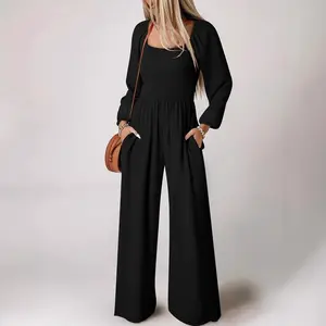 Women's Plain Ruched Shirred Pocket Wide Leg Jumpsuit,  Bishop Casual Sleeve Square Neck Jumpsuit for Spring & Fall, Ladies Clothes for Daily Wear Black Fabric