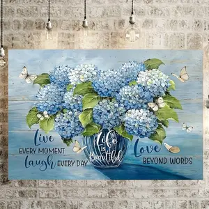 1 Piece Wooden Frame Canvas Painting Rural Blue Flower Canvas Poster Rural Hydrangea Flower Picture Painting Wall Painting Home or Office Bathroom Living Room Decoration Flower Plant Canvas Wall Painting Decoration with Frame Ready to Hang Great Gift
