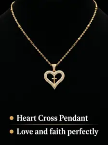 24K Gold Finish Heart Cross Pendant Necklace, Lab Diamond Zircon Clavicle Chain, Divine Devotion Religious Jewelry, Ideal Gift for Girlfriend Wife Lover for Holiday