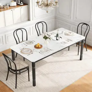 79" Industrial Dining Table with Chamfer Corner Kitchen Table with Heavy Duty Metal Legs for Dining Room, Kitchen, Living Room, Easy Assembly-Marble White