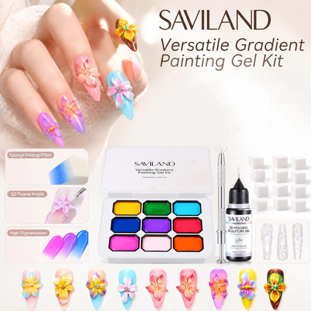 SAVILAND 3D Patting Gel Nail Kit: 9 Colors Pat Gel Polish Palette, No-Wipe Blooming Gel Set for 3D Nail Sculpting with Flower Shape Silicone Mold & Ombre Sponges for Aura Nail Art DIY