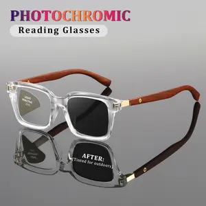 Antique reading glasses with square frames - wood-style frame transition lenses that automatically change color in the sun
