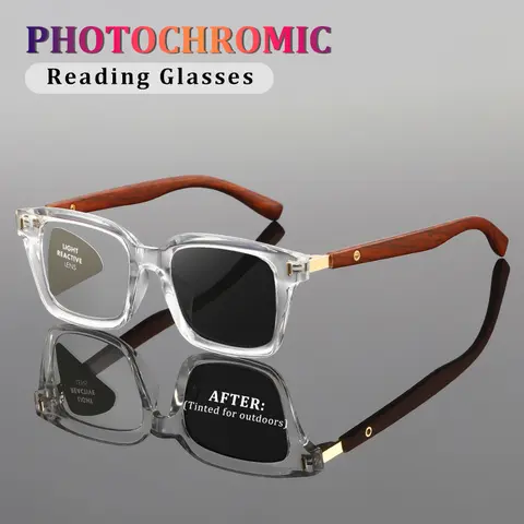 Antique reading glasses with square frames - wood-style frame transition lenses that automatically change color in the sun Reading Eyewear