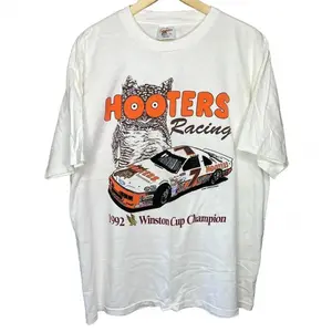 Women's Vintage 1992 Winston Cup Championship Hooters Racing Round Neck Casual Streetwear Cotton Top, 100% Cotton Fabric, Short Sleeves, Double Stitched, Fitted, 50% Off, Unisex Holiday Gift
