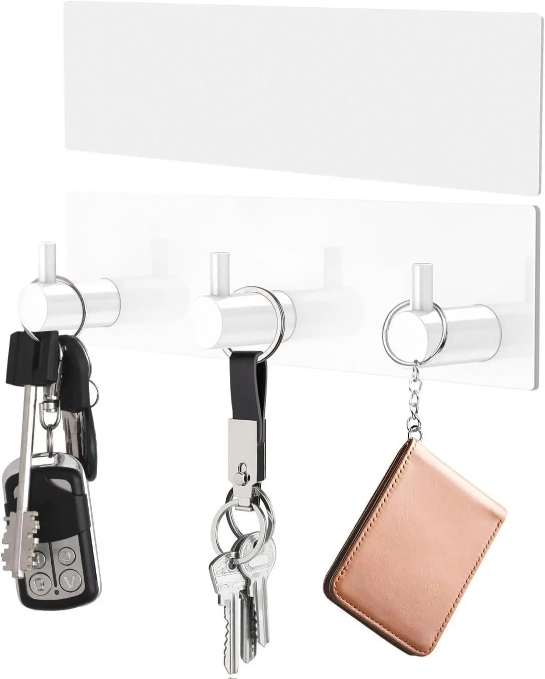Stainless Steel Magnetic Wall Mount Key Organiser - Small White Peel-and-Stick 3-Hook Key Hanger with No-Drilling Installation, Adjustable Extra Adhesive Tape, 0 - 5 Kg Capacity, Space-Saving for Home Supplies, Room Decor, Shelves (3 Pieces)