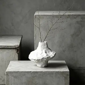 White Textured Ceramic Vase, Minimalist Stone Texture Flower Vase, Modern Nordic Wabi Sabi Style Decorative Vase for Dried Flowers, Living Room, Home Office & Aesthetic Room Decor